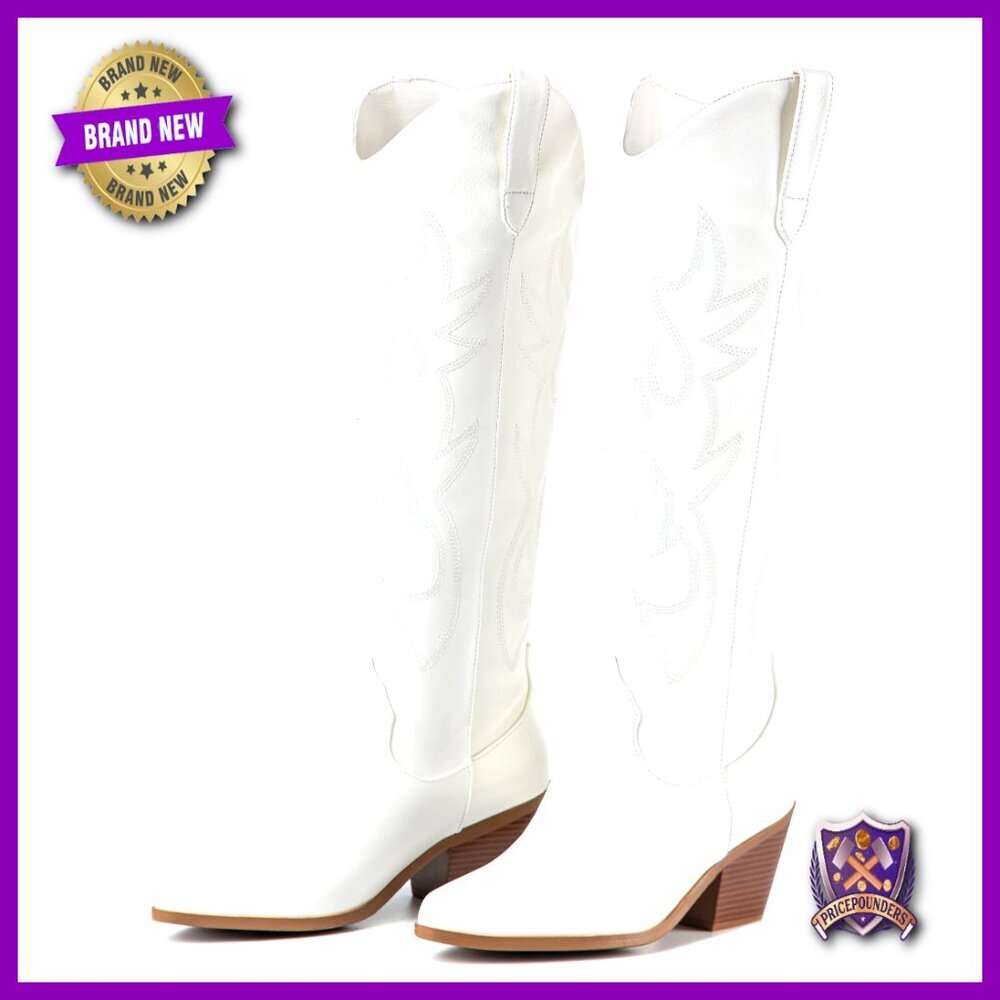 Western Cowgirl Boots Knee High Pointed Toe Embroidered Chunky Heel Comfortable